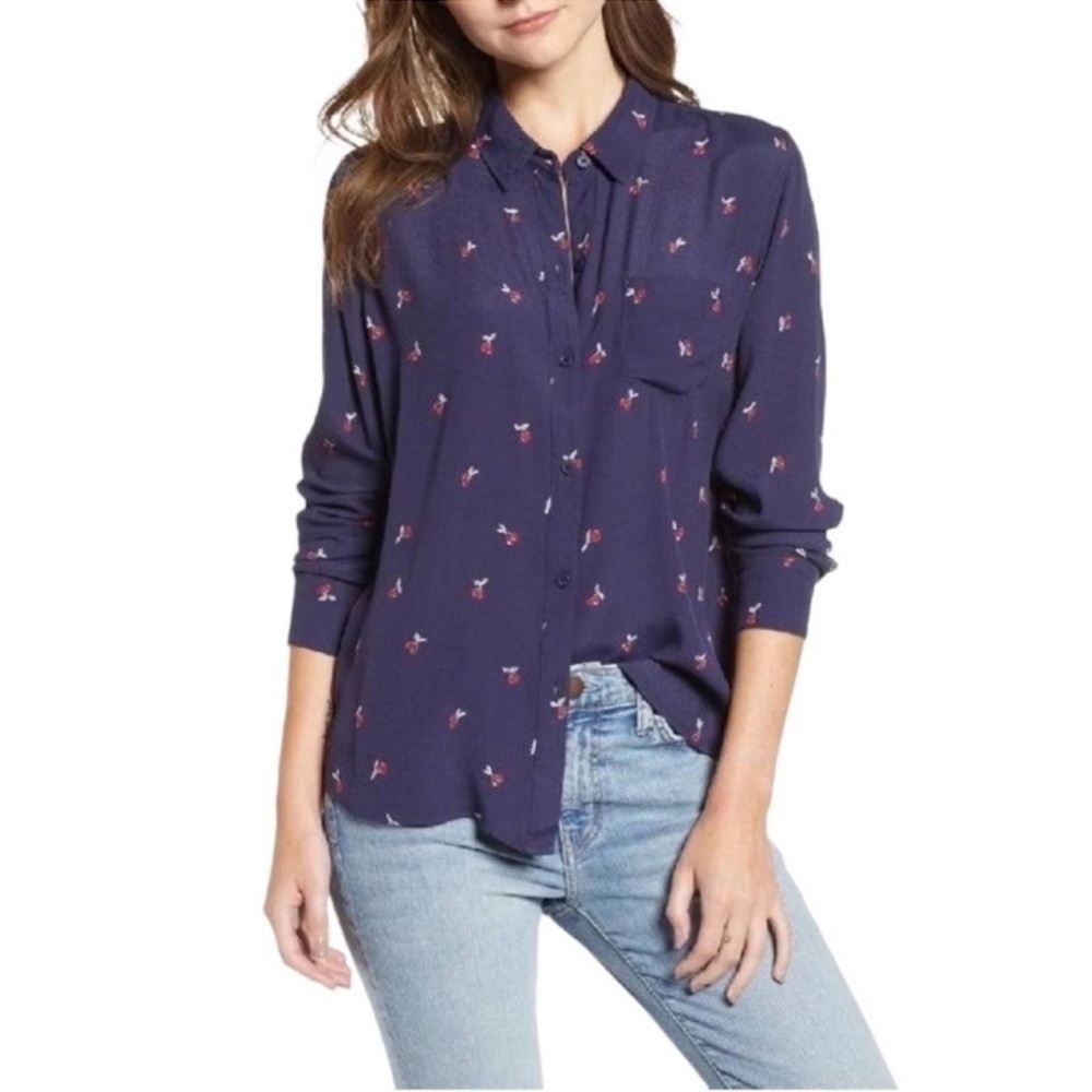 Bass Navy Blue Red Print Long Sleeve Blouse XS